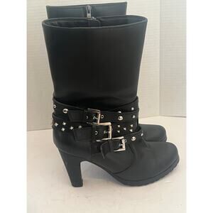 Women's Xelement Black Moto Boots with Silver Buckles and Studs Size 9.5
